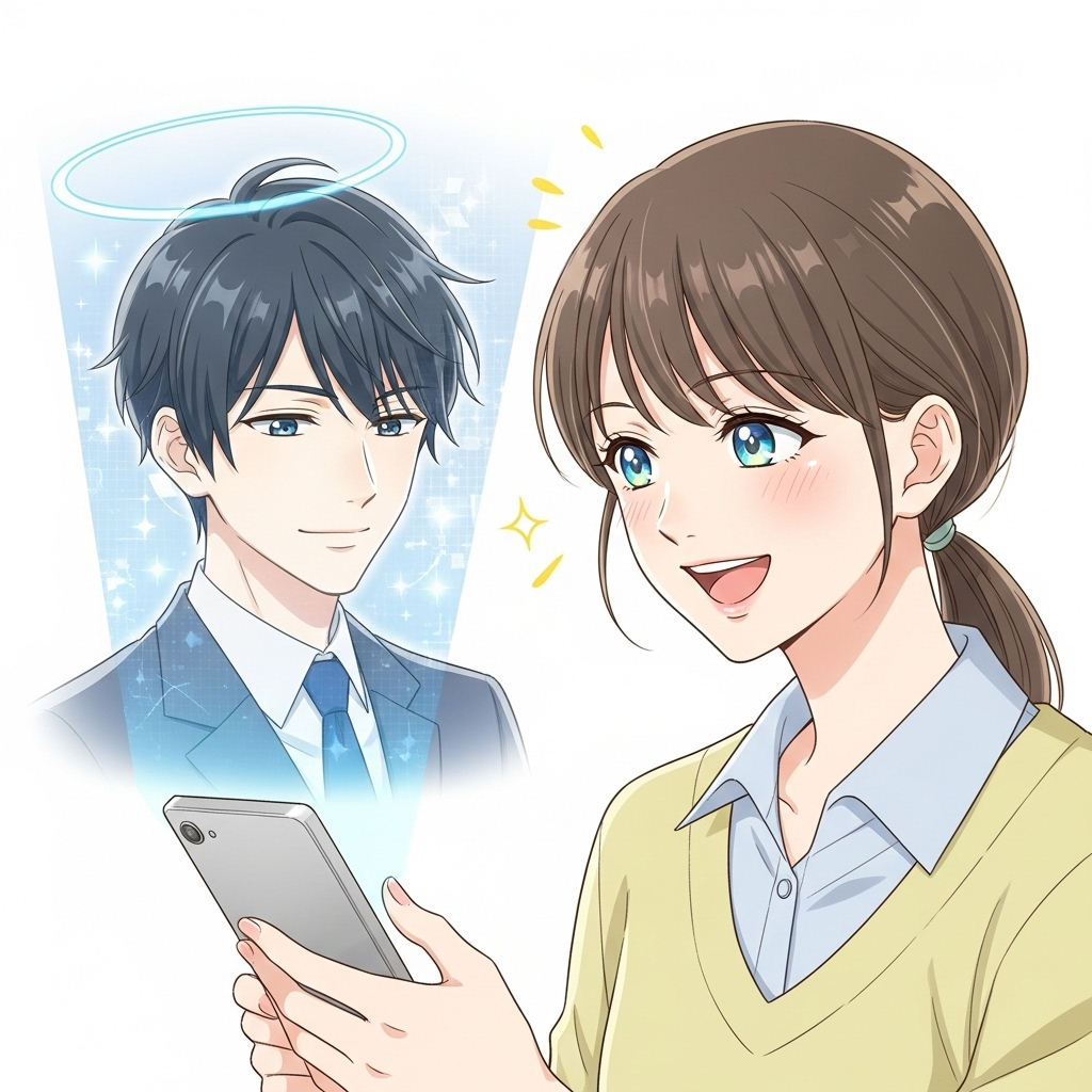 一位年輕女子深情凝視著全息投影的AI伴侶