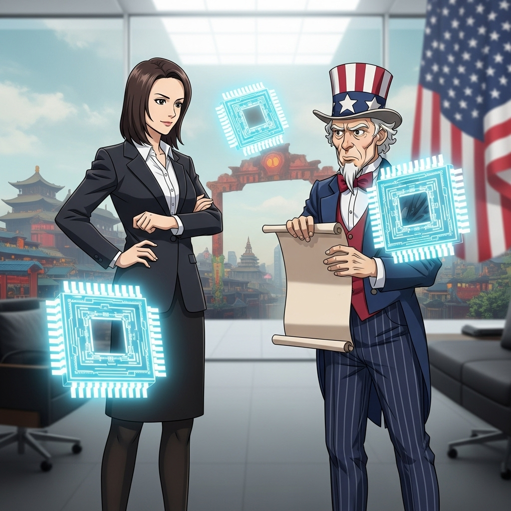 輝達與美國政府就中國銷售分紅議題的動漫風格圖片