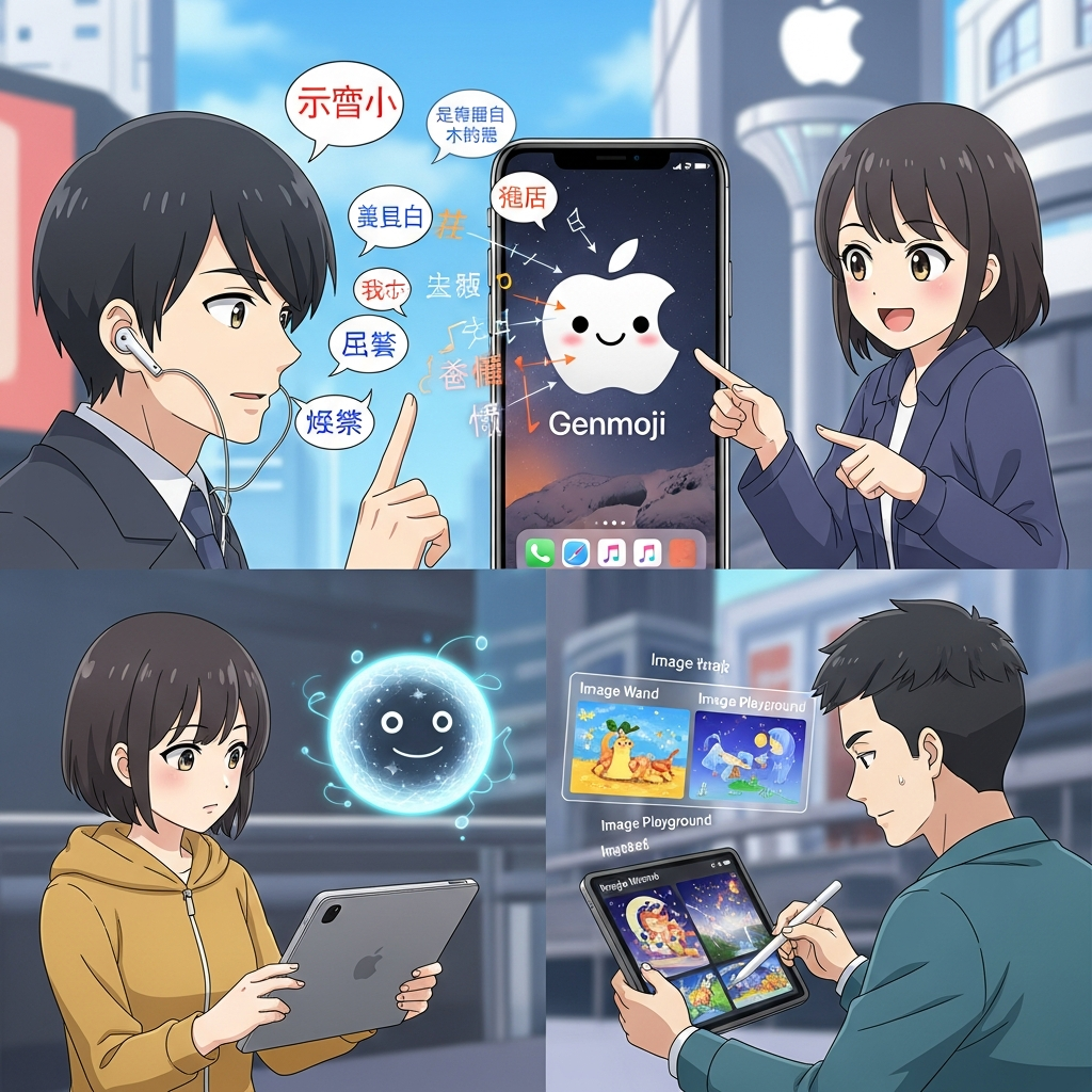 充滿活力的日系動漫風格，角色們開心地與蘋果裝置互動。一人戴著AirPods，外語對話框轉化為繁體中文。另一人指著iPhone上的Genmoji蘋果標誌。第三人則用iPad和Apple Pencil創作影像，Siri以友善的光球狀AI在旁提供協助。背景是未來感的城市景觀，整體氣氛輕鬆幽默，強調蘋果AI功能的便捷與樂趣。
