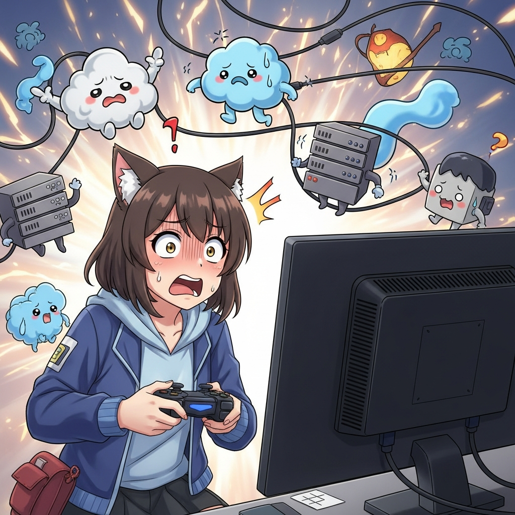 一位動漫風格的女性角色，戴著貓耳，手持遊戲手把，驚訝地看著顯示「5xx error」的空白電腦螢幕。她身後是混亂的網路吉祥物，電纜纏繞，火花四濺，以幽默有趣的方式呈現數位混亂。